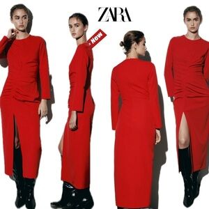 Zara red long sleeve draped ruched front midi dress Sz M NWT